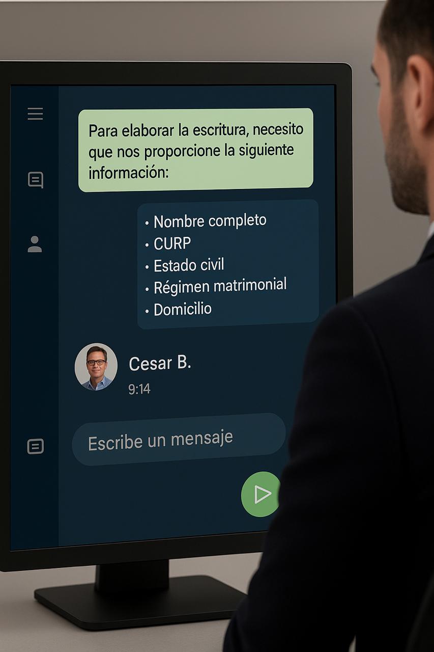 Cliente enviando datos por WhatsApp para redacción de escritura notarial